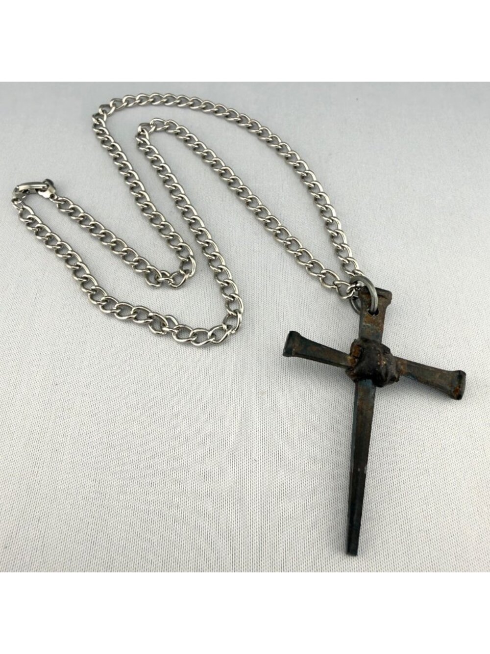 Handmade Iron Nail Cross Pendant Necklace Silver Tone Chain Rustic 24"